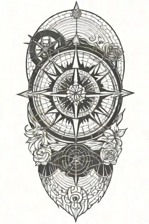A Blackwork Tattoo Of A Compass Rose With Contour Lines And Samurai Helmet