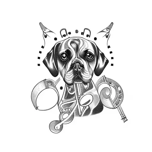 A Tattoo Design Featuring A Dog Surrounded By Musical Notes And Instruments