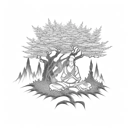 A Blackwork Tattoo Of A Tranquil Forest Scene With Naruto Meditating Under A Tree