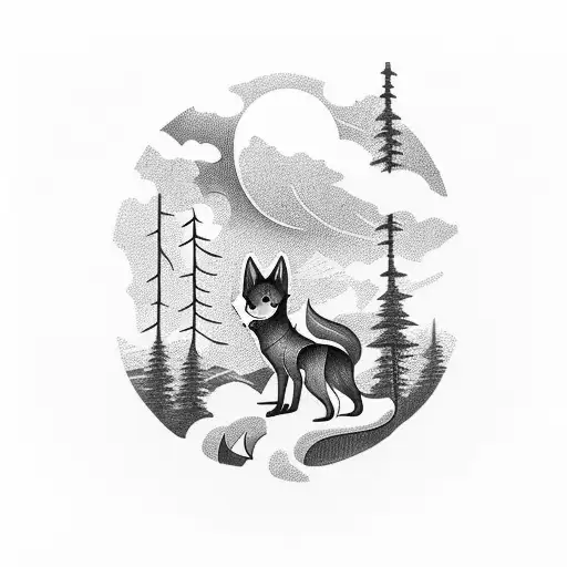 A Thunderstorm Over A Forest And A Small Holwing Wolf In The Distance