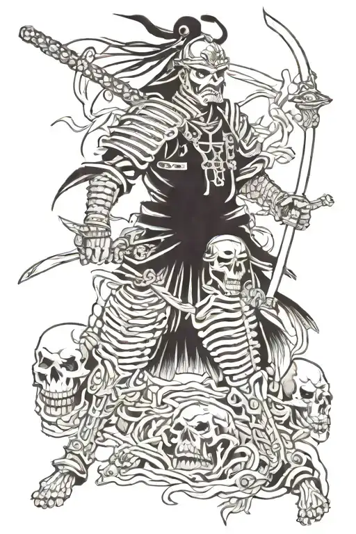 Japanese Samurai Warrior And Skeletons Battle