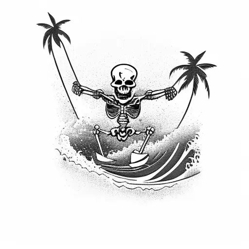 A Skeleton Surfer Catching A Big Wave With Palm Trees In The Background