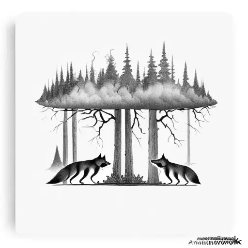 A Thunderstorm Over A Forest And A Small Wolf In The Distance