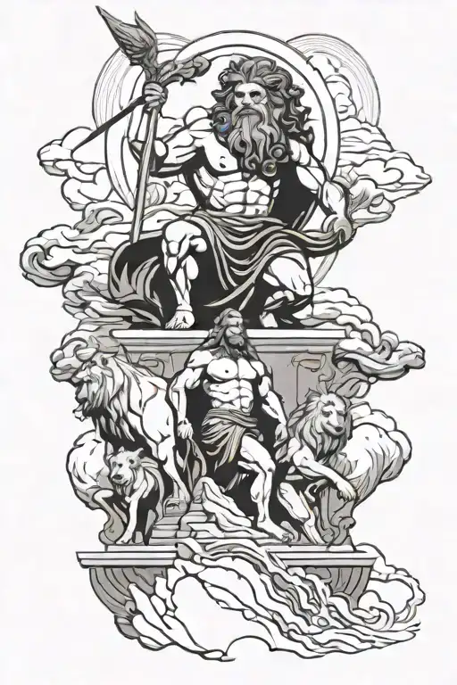 Zeus Hades And Poseidon Above Mount Olympus With Hercules Below Wearing The Nemian Lion