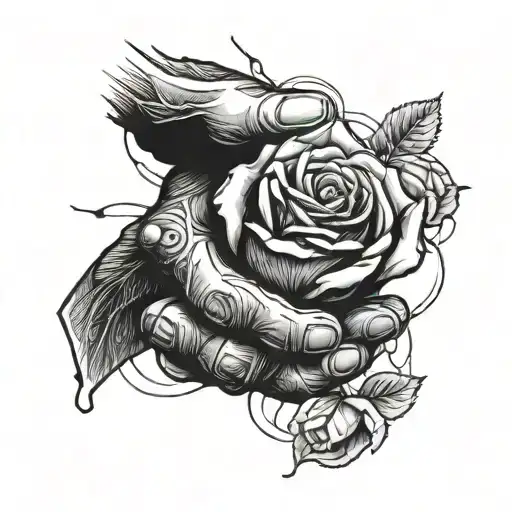 Stone Hands Clenched In A Fist With An Undamaged Rose Inside