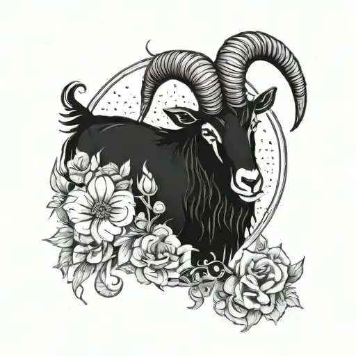 Black Billy Goat With Moon And Flowers Spooky