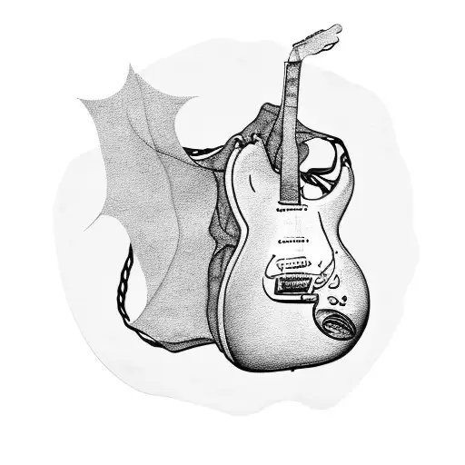 A Guitar With Rock Music Notes And A Stylish Leather Jacket Draped Over It