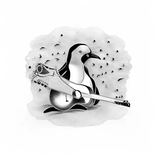 A Blackwork Tattoo Of A Penguin Playing A Guitar