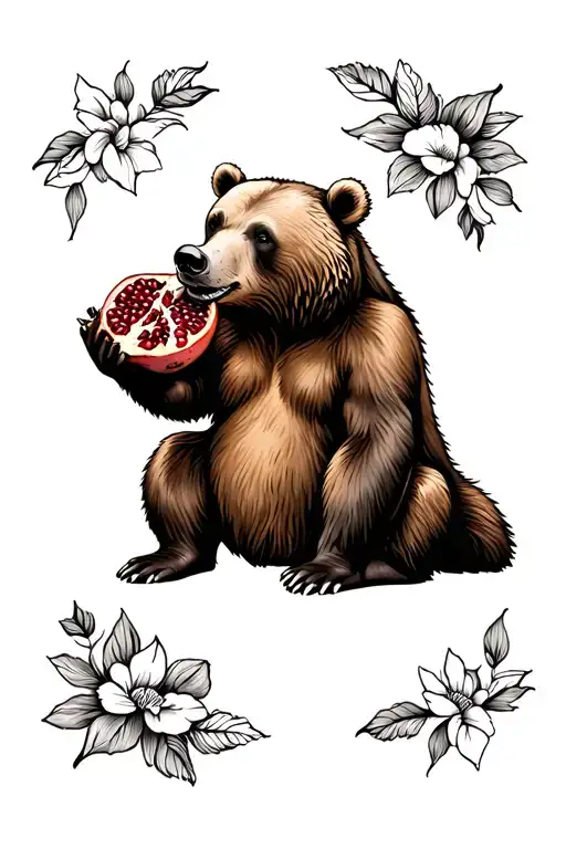Brown Bear Sitting While Eating A Pomegranate With Floral Background