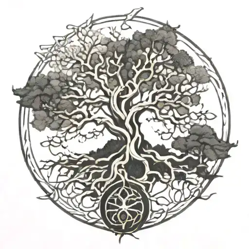 A Modern Interpretation Of Yggdrasil Intertwined With A Vegvisir Symbol
