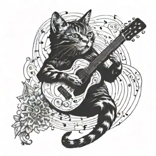 A Tattoo Of A Cat Playing A Guitar Surrounded By Music Notes