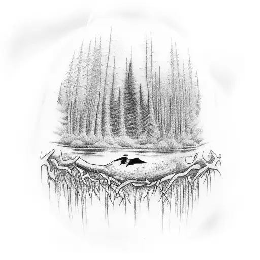 A Sketch Style Tattoo Of A Dead Body River Flowing Through A Forest Of Crows
