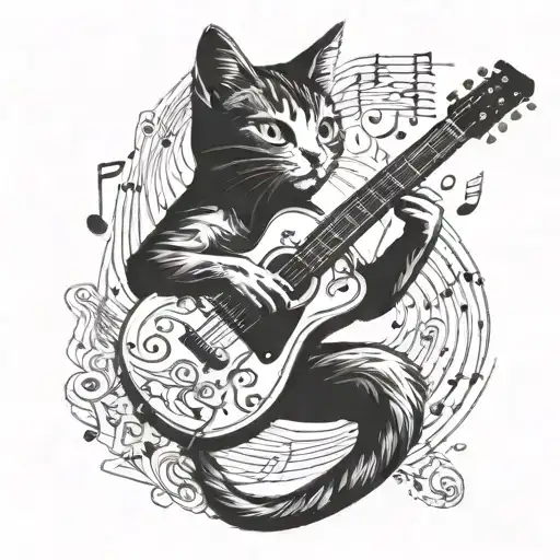 A Tattoo Of A Cat Playing A Guitar Surrounded By Music Notes