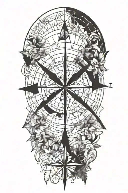 A Blackwork Tattoo Of A Compass Rose With Contour Lines