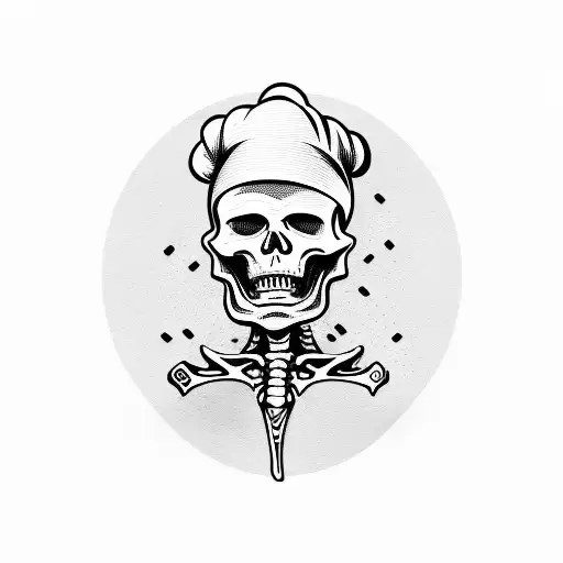 Skeleton Cooker Chef In Dolma With Knifes And Cooking Products