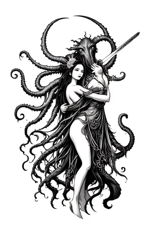 Cthulhu Embracing A Beautiful Japanese Woman Holding A Sword