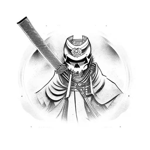 A Samurai Warrior With A Skull Helmet And A Katana In A Dynamic Pose