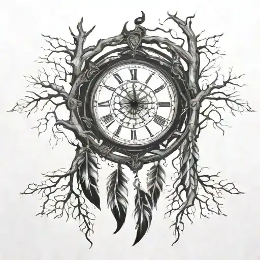 A Dreamcatcher Intertwined With An Grandfather Clock And Tree Roots At The Bottom