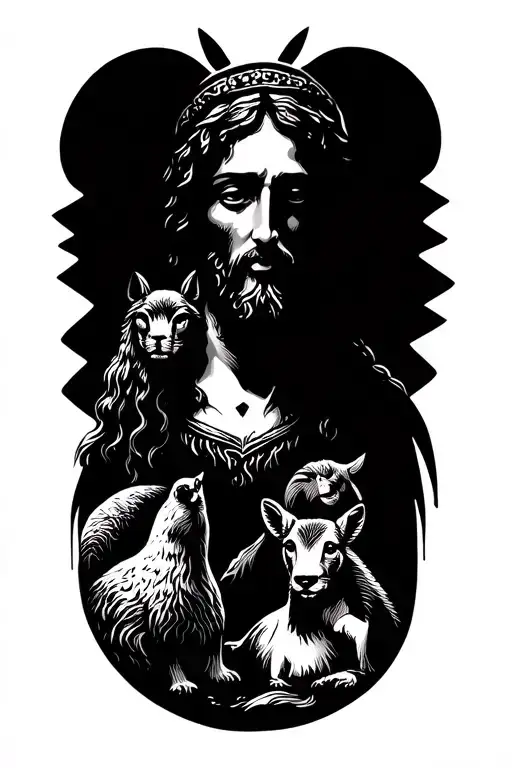 A Stylized Portrait Of Jesus Surrounded By Various Animals Symbolizing Peace And Harmony