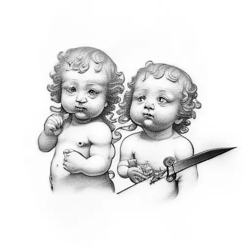 Two Separate Small Cherubs Holding Either A Sword Or Instrument
