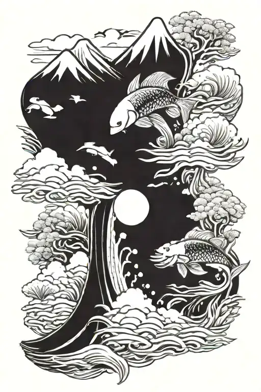 Mount Fuji Background With Ying Yang Koi Fish With Splashing Water