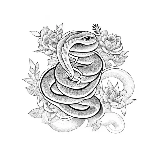 Sleeve Tattoo Of A Snake And Flowers