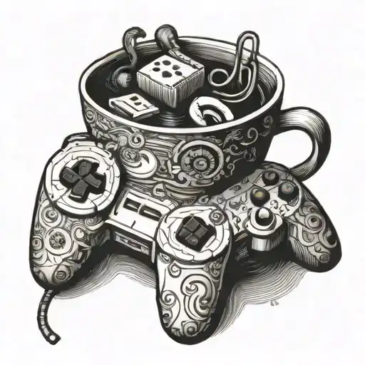 A Coffee Cup Morphing Into A Book With Game Controller Buttons As Pages
