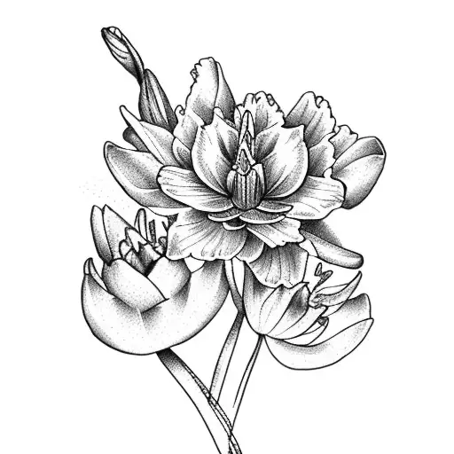 A Gladiolus And Water Lily And Violet Intertwined In A Bouquet