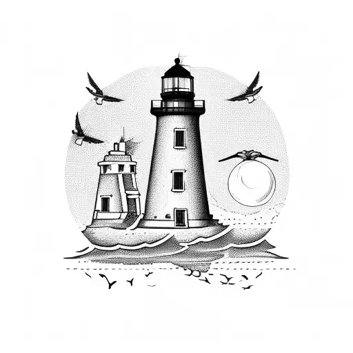 Lighthouse With Three Swallows Flying