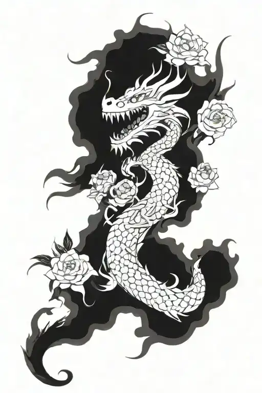 Dragon Wrapped With Fire Coming Surronded By Flowers