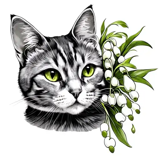 Grey Cat With Lily Of The Valley Flower