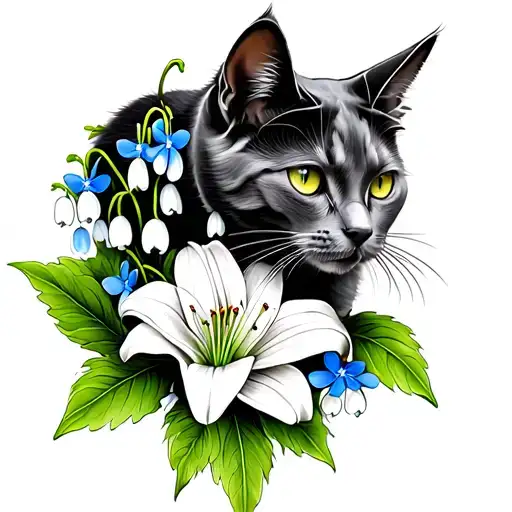 Grey Cat With Lily Of The Valley Flower And Forget Me Nots Flower