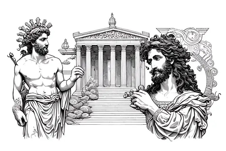 Greek God Of Wealth And The Greek God Of Time With The Background Being A Huge Temple