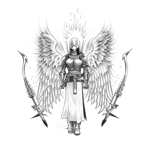 Knight With Angel Wings Holding A Flaming Sword