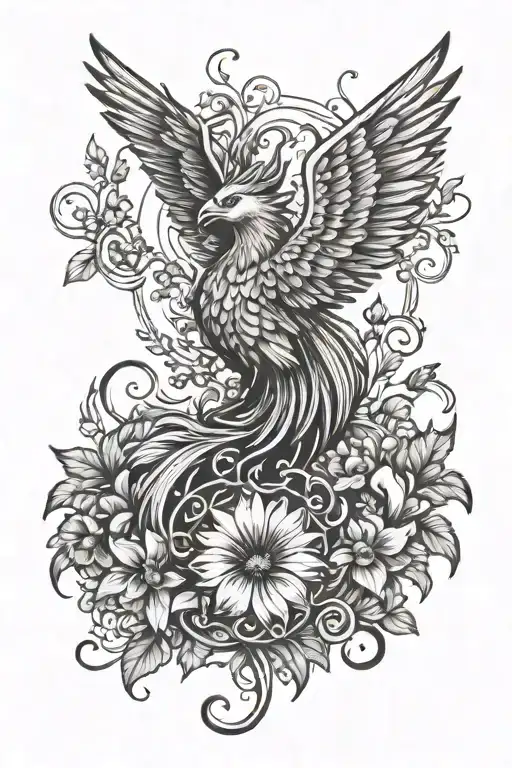 A Phoenix Rising From A Bed Of Mushrooms Surrounded By Swirling Vines And Peaches