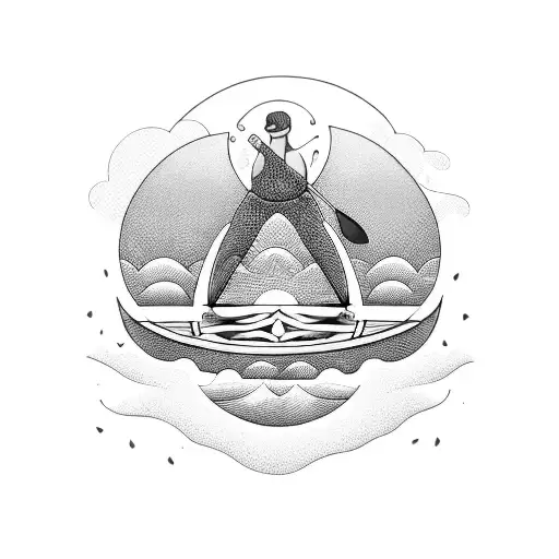 An Intricate Paddle Board Design Surrounded By Waves And A Sunset