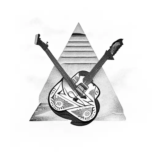 A Pyramid-shaped Guitar With Hieroglyphics In A Blackwork Style