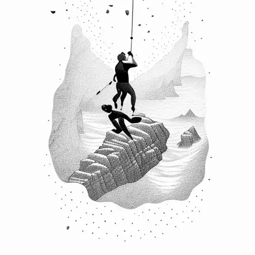 Male Climber Climbs A Cliff Upside Down Above The Sea And Female Diver Floating And Kissing Him