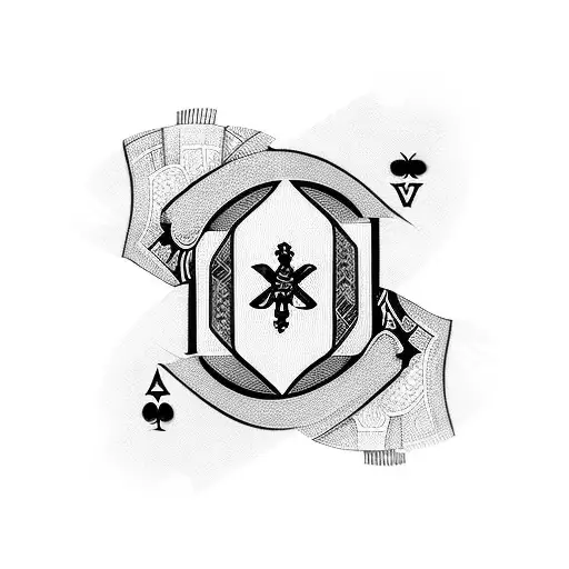 A Blackwork Tattoo Of A Dollar Sign With Playing Card Suits Incorporated Into It