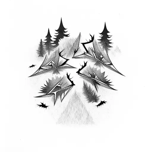 Nightly Forest Scene Where The Top Of The Trees Evolving Into Many Bats