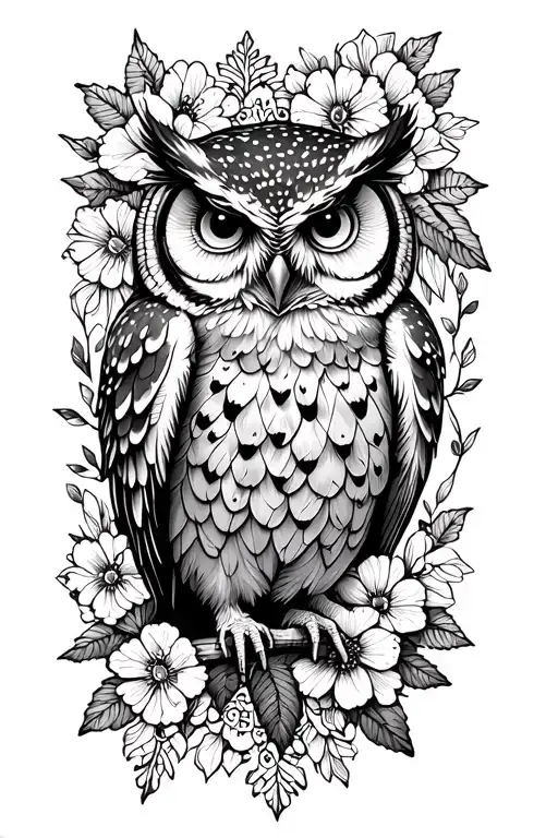Cute Owl In Forest Scene With Floral Lace Accents