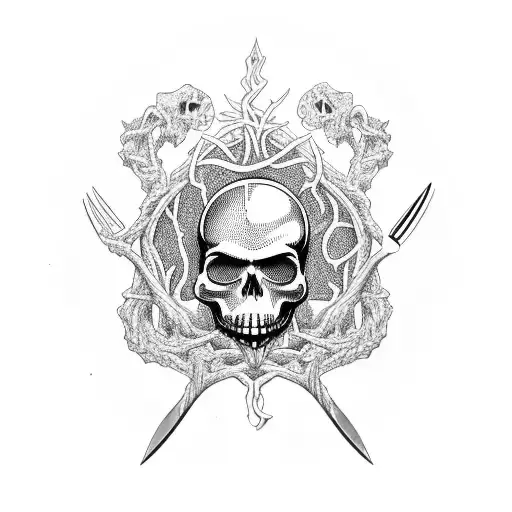 Twisted Tree Leg Sleeve With An Eye A Skull And Knives Woven In