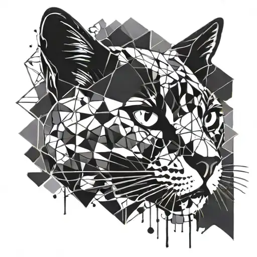 Geometric Design Incorporating A Cat Silhouette And Paint Splatters In Blackwork Style