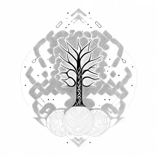 A Blackwork Tattoo Of An Alien Tree With Intricate Geometric Patterns