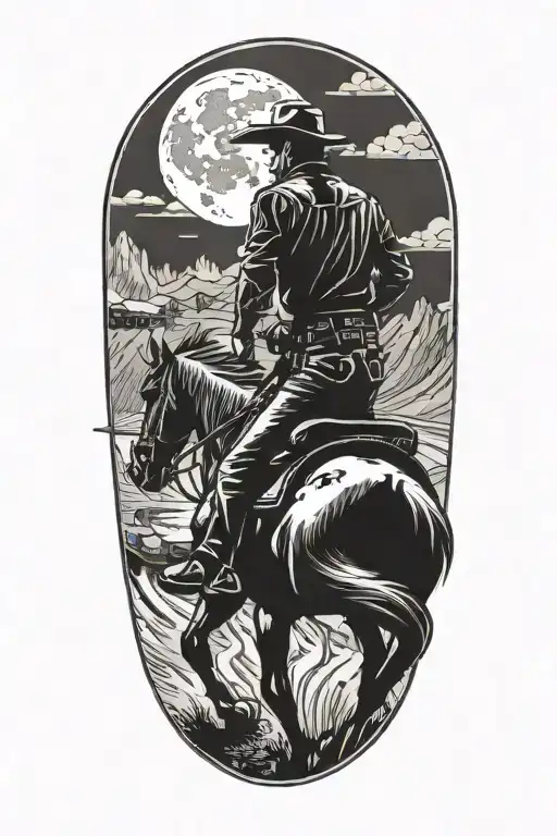 A Tattoo Design Of A Cowboy Riding A Horse With A Backdrop Of Old-fashioned Cars And Semi Trucks