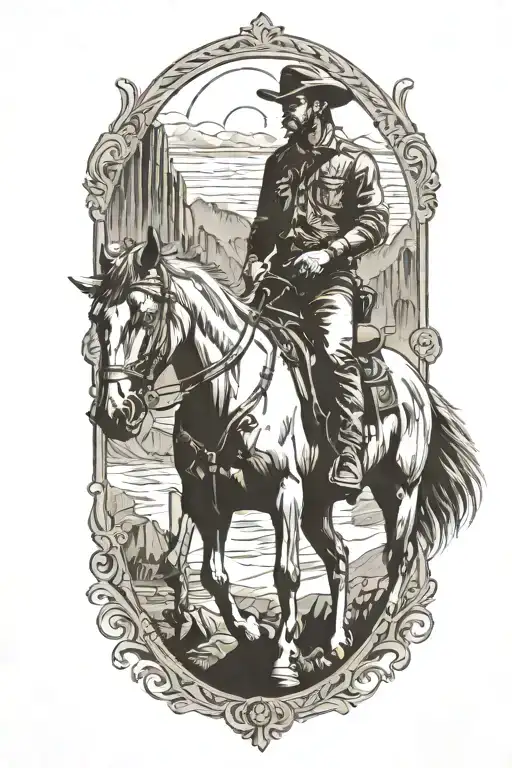 A Tattoo Design Of A Cowboy Riding A Horse With A Backdrop Of Old-fashioned Cars And Semi Trucks