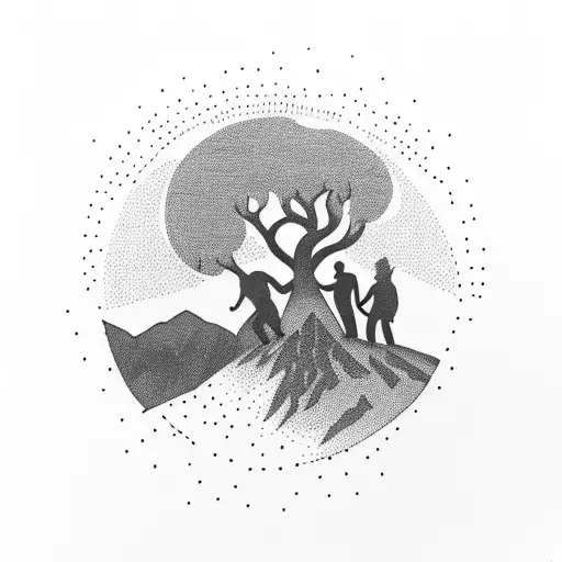 A Silhouette Of A Couple Hiking Up A Mountain Trail With A Sunset In The Background