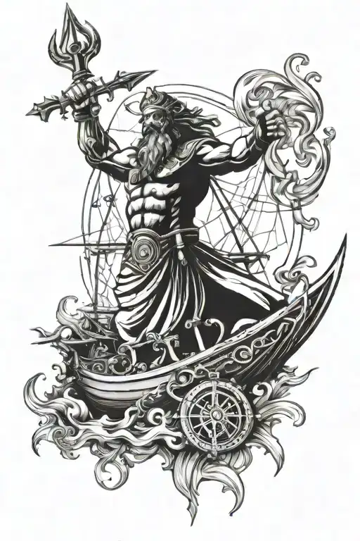 Poseidon With Trident And A Compass And Boat Sailing