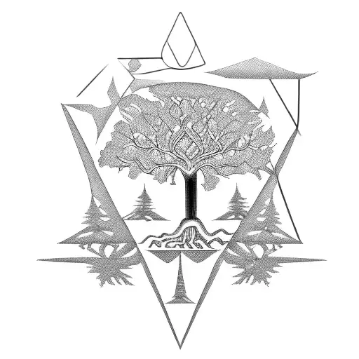 A Blackwork Tattoo Of An Alien Tree With Intricate Geometric Patterns