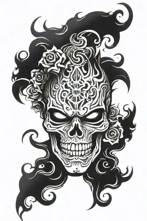 Half Oni Mask That Looks Like A Skull With Smoke Comming Out Of The Eyes